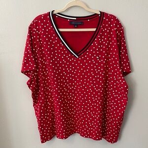 Tommy Hilfiger Red and White Polka Dot V-Neck Tee